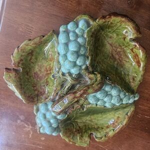 Vintage 1970 CERAMIC 3 COMPARTMENT CONDIMENT DISH GRAPES & VINES Signed 11"